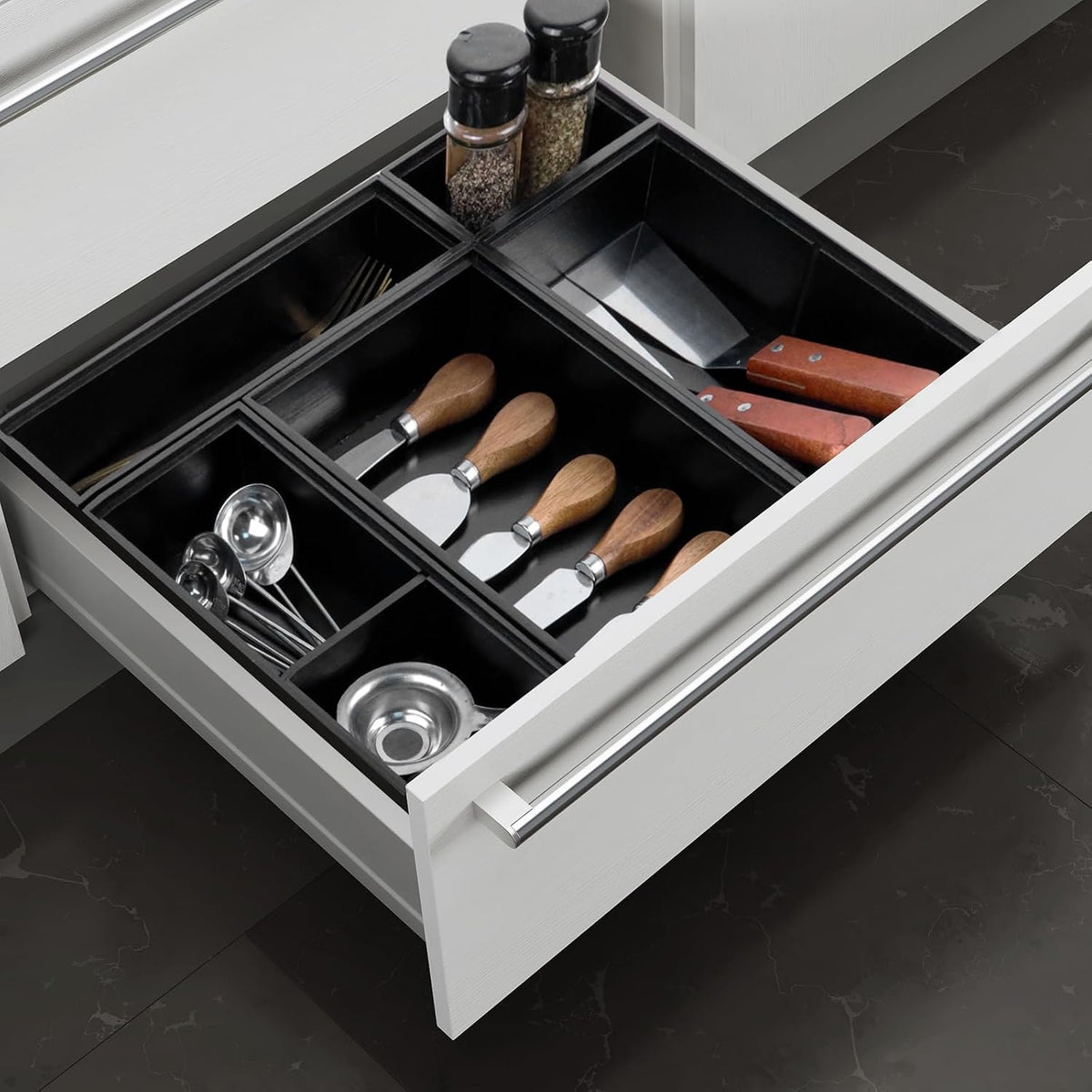 Bamboo Drawer Organizer,5 PCS Black Silverware Tray&Desk Organizers and S...