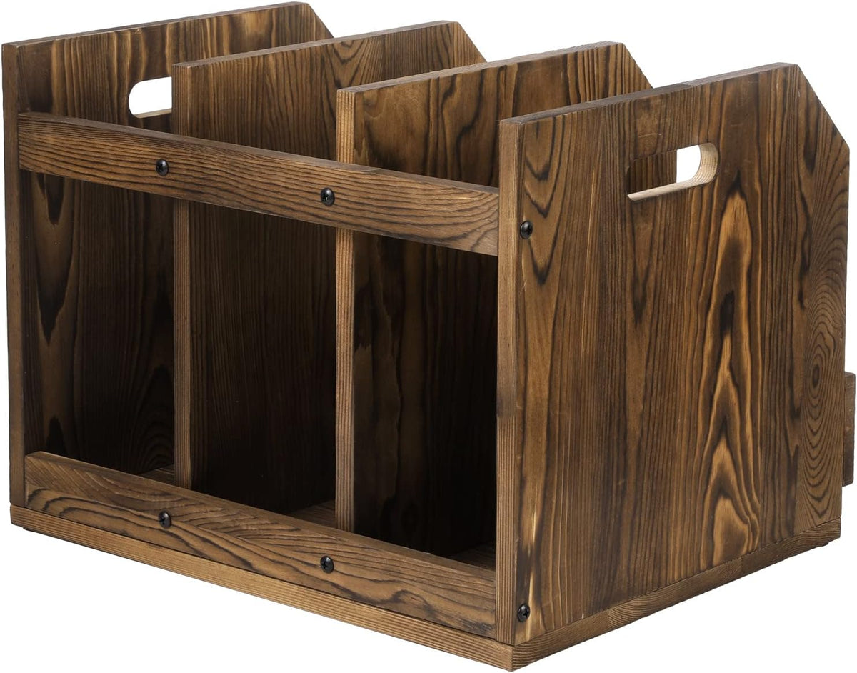 MyGift 3 Compartment File Folder Organizer Rustic Burnt Wood Desktop Rack