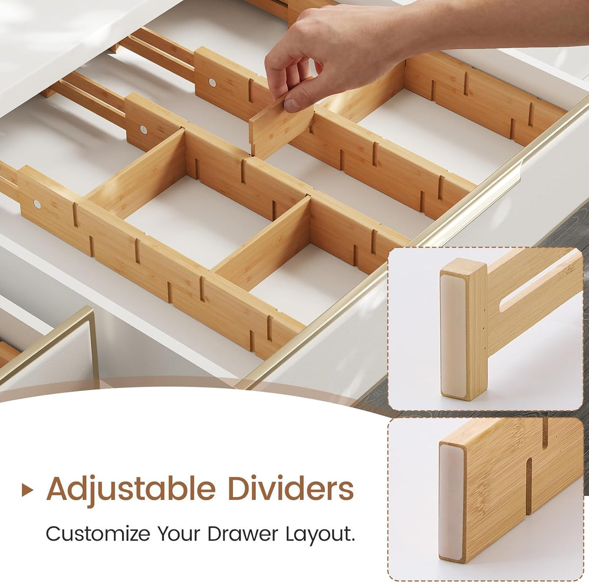 Bamboo Drawer Dividers 8 Pack with Inserts, Kitchen Adjustable Drawer Organiz...