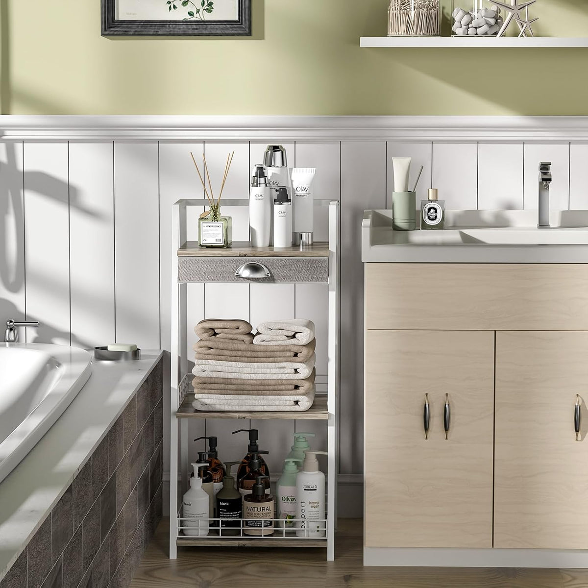 keomaisyto 3-Tier Small Bathroom Shelves with Drawer, Floor Storage Shelf, Sm...