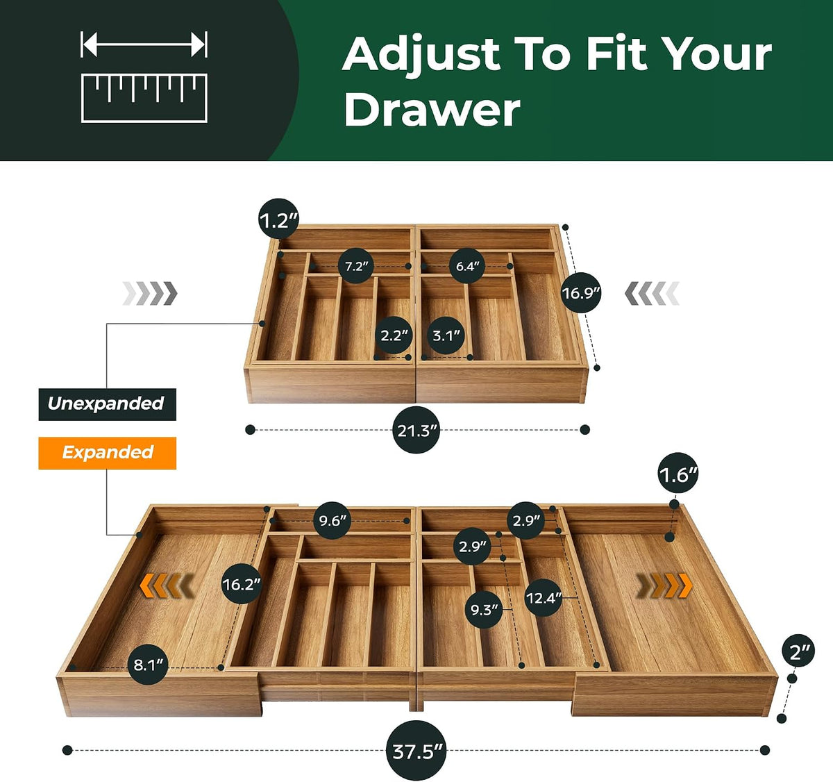 Large Silverware Organizer, 13 Slots Magnetic Connected Expandable Acacia Woo...