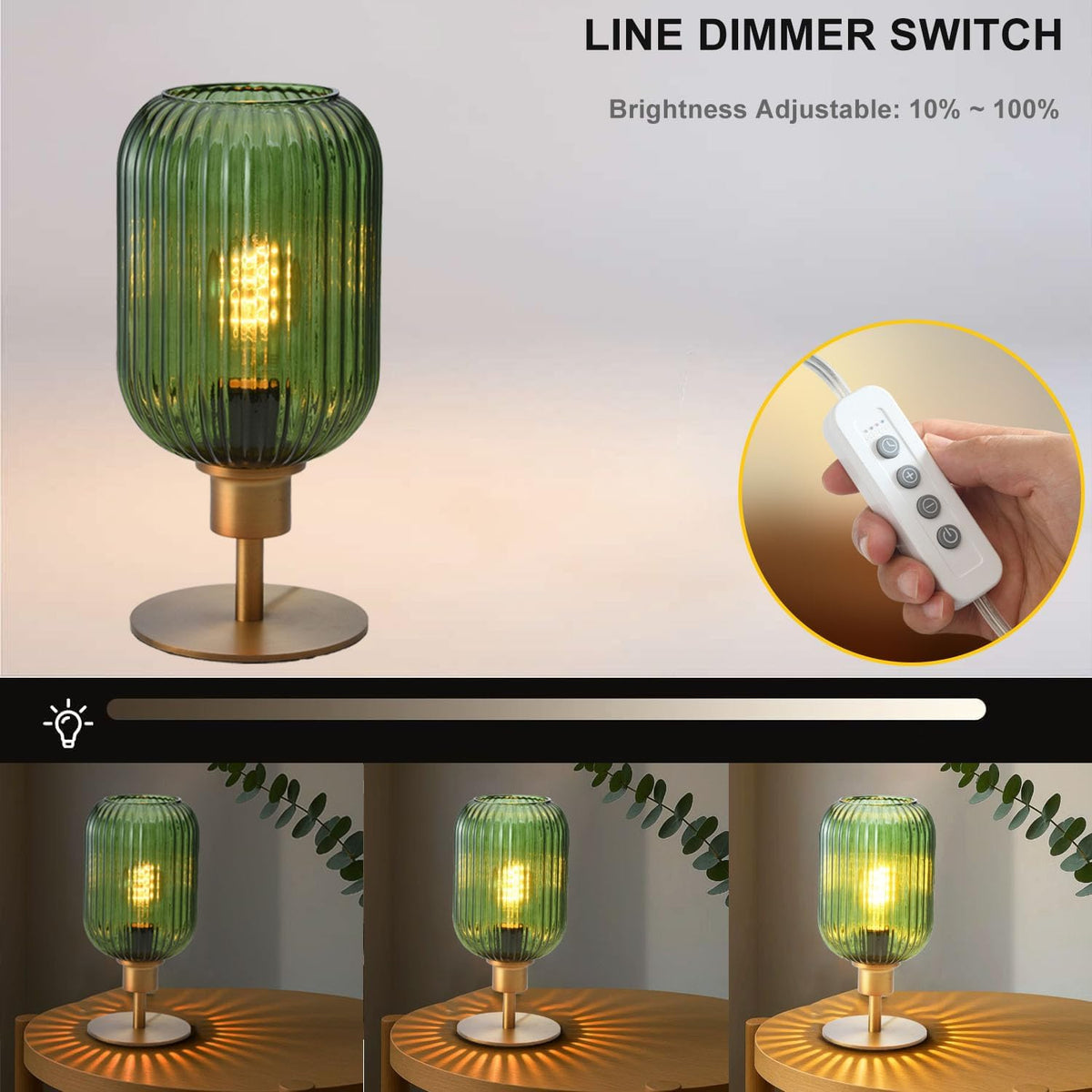 Mid Century Glass Table Lamp, Timer Build-In, Dimmable Desk Lamp, Green
