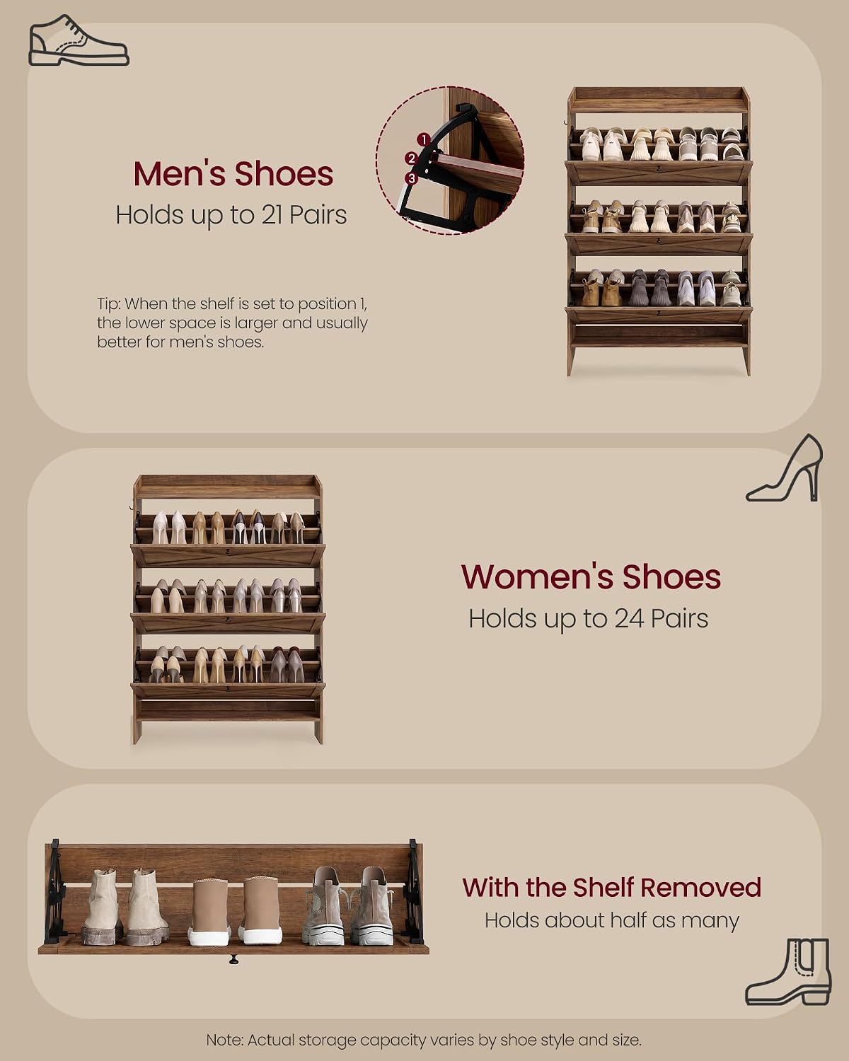 VASAGLE Narrow Shoe Storage Cabinet Organizer with 3 Flip Drawers