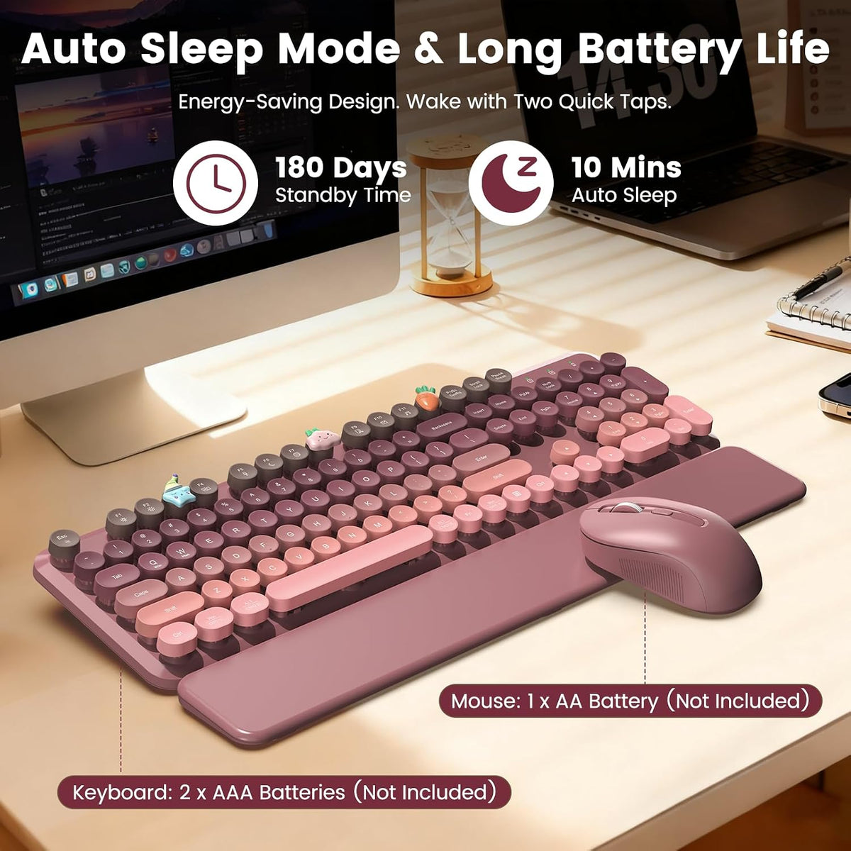Wireless Keyboard and Mouse Combo, Cute Retro Typewriter Keyboard with Round ...