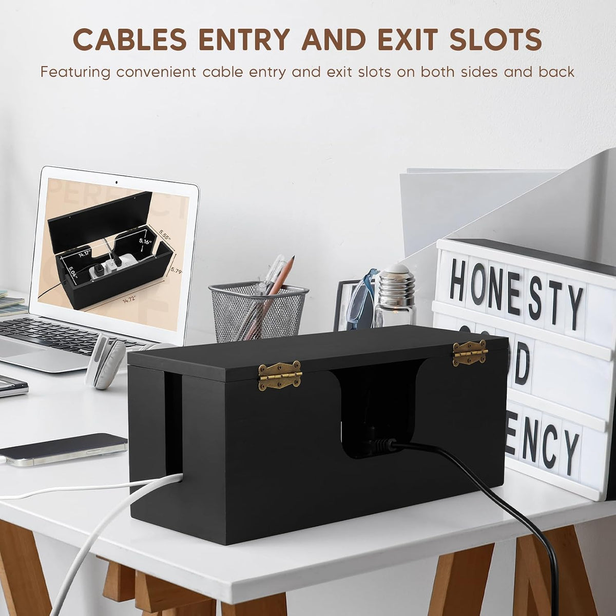 Large Cable Management Box - Wood Cable Organizer Box and Power Strip Box for...