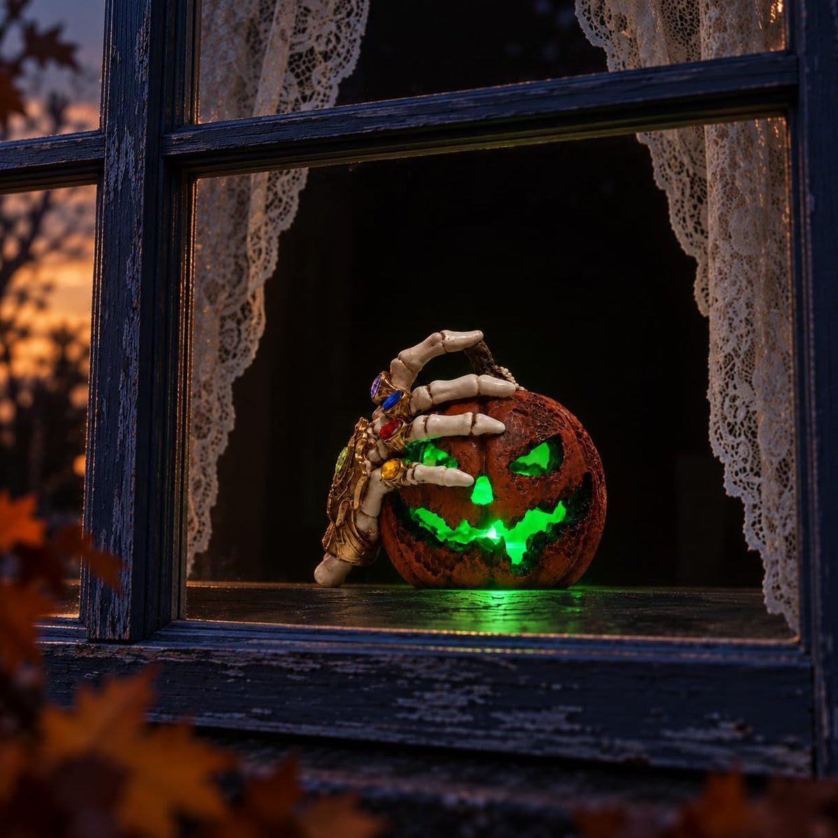 Halloween Jack O Lantern with Skeleton Hand, Green LED Pumpkin Light