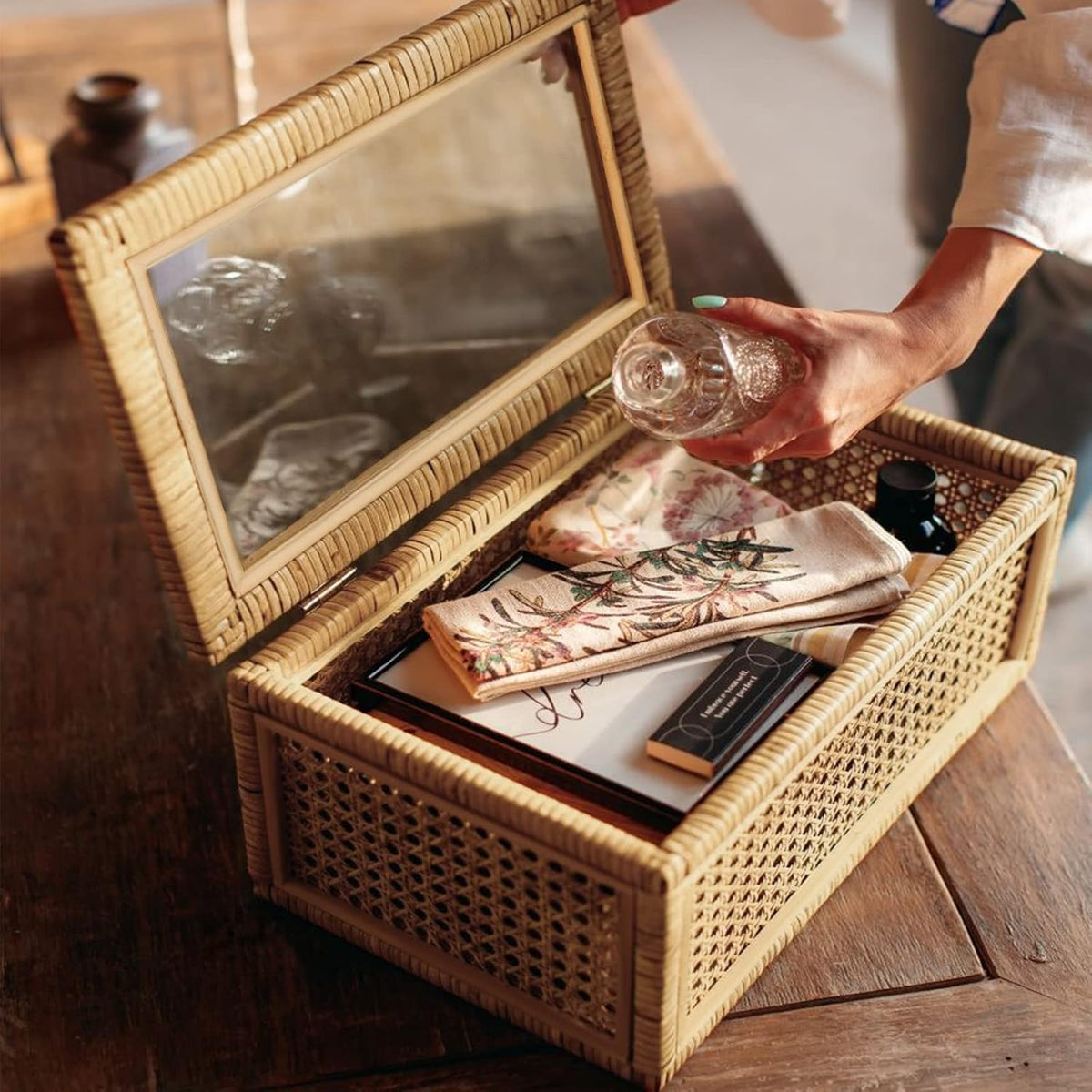 Large Handwoven Boho Rattan Display Boxes with Glass Lids Set of 2