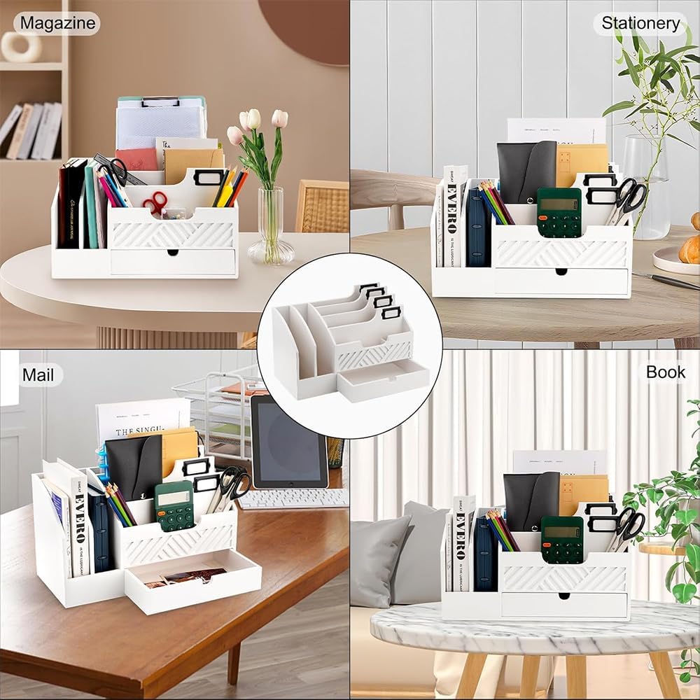Wood Mail Organizer Countertop, 6 Compartments with Drawer, White