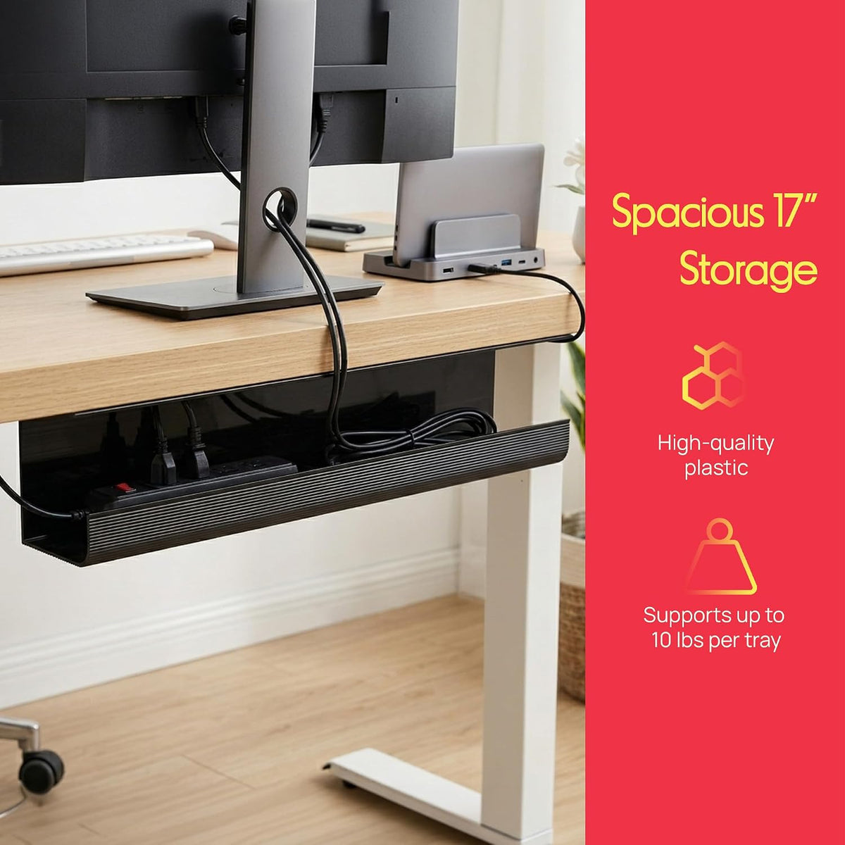 Pyle 2-Pack 17" Under Desk Cable Management Tray, Under Desk Cable Organ...