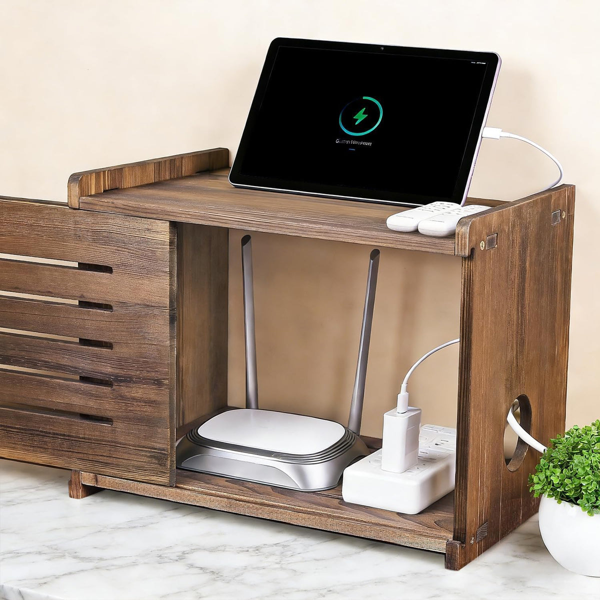 WiFi Box Hider Wood, Cable Organizer Storage Cabinet