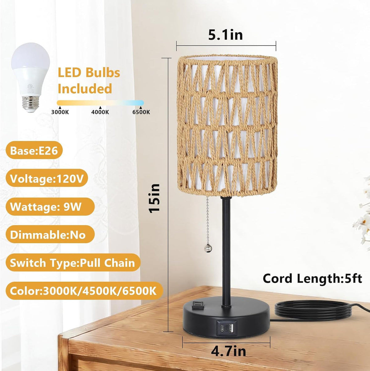Rattan Bedside Table Lamps Set of 2 - Boho Lamps With 3 Color Temperatures &a...