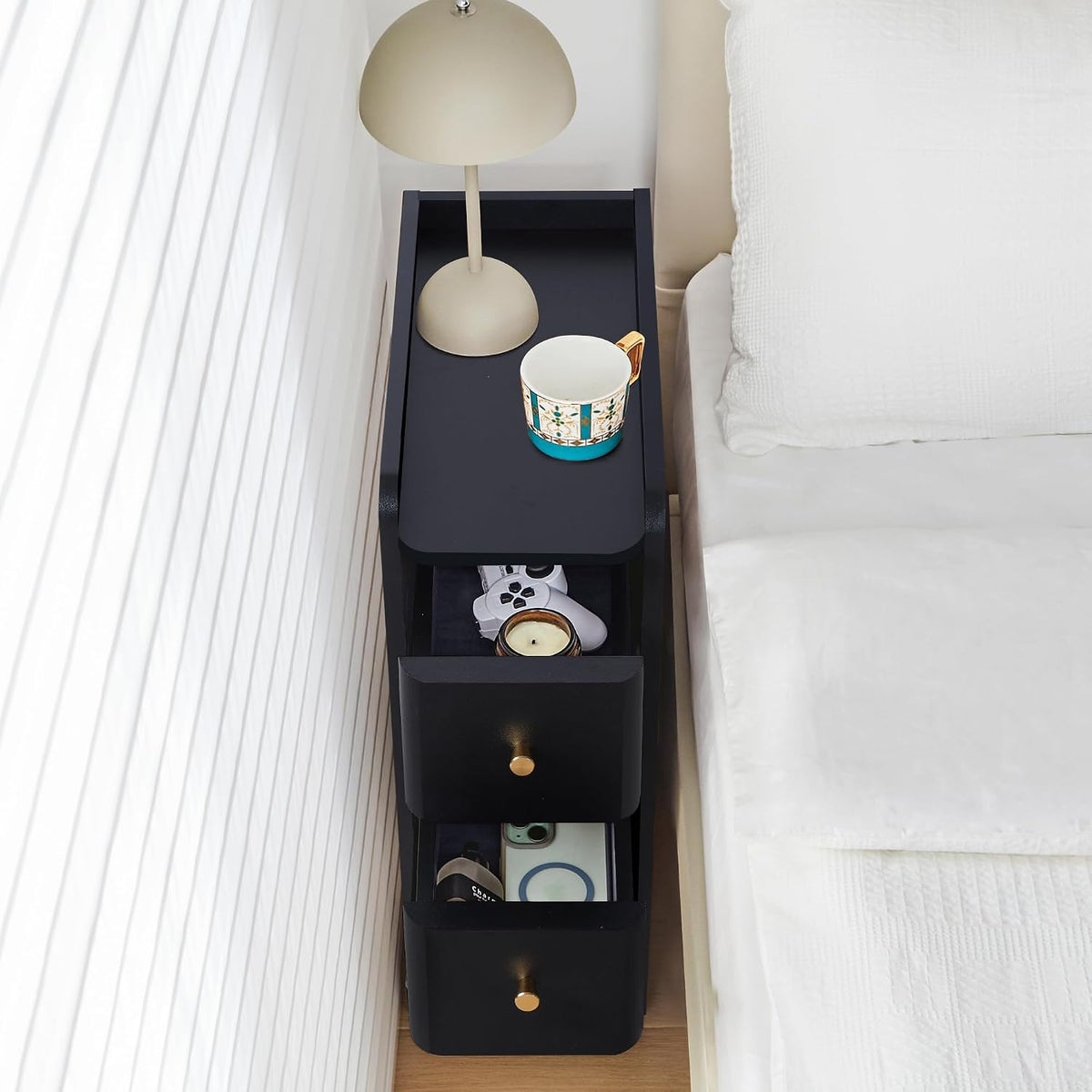 FurSch Narrow Nightstand, Wooden 2 Drawer, Slim Side End Table, Black, 1 pc