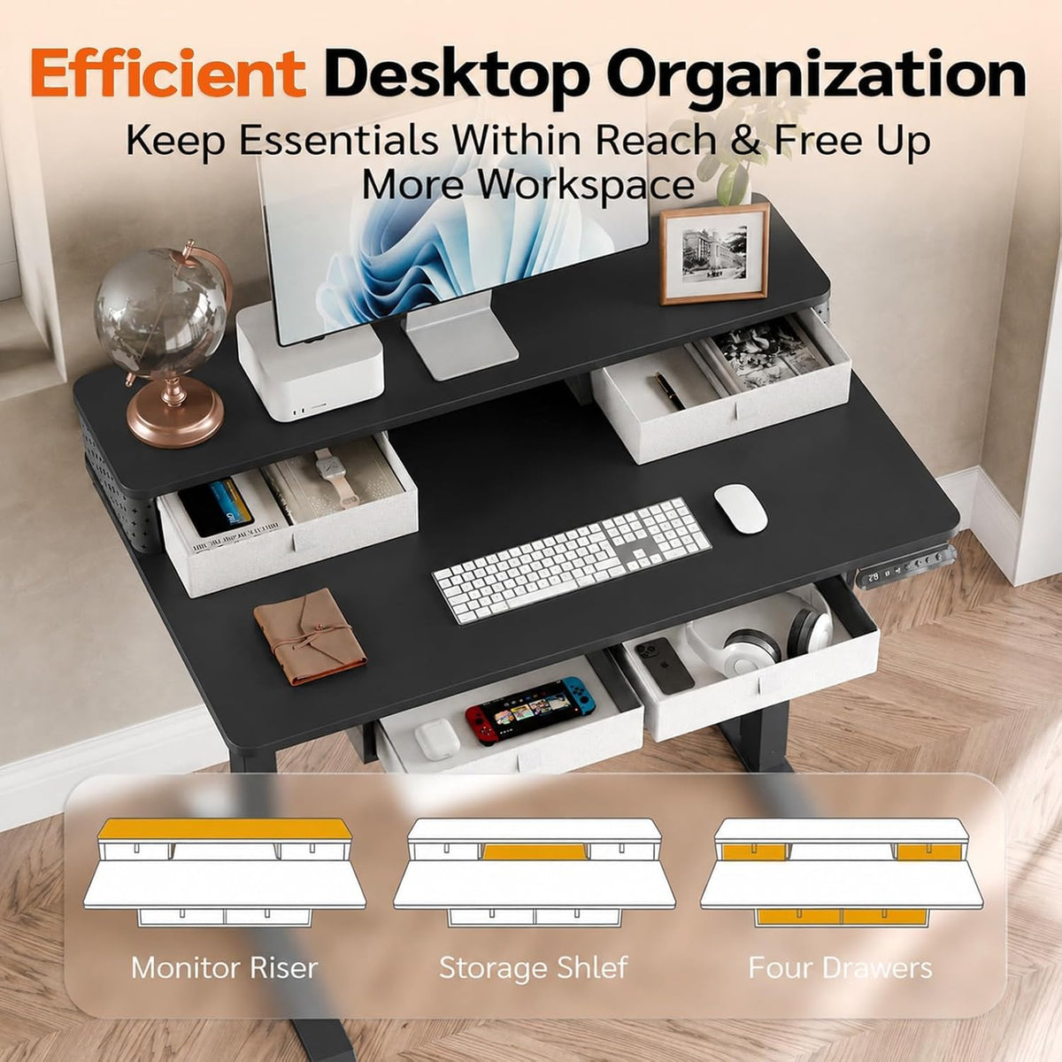 Kingant 40x24 Inch Electric Standing Desk with 4 Drawers, Black