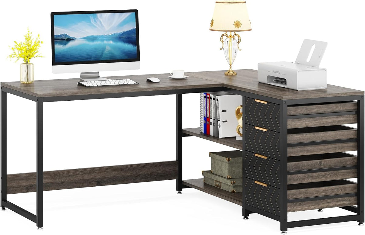 Tribesigns L Shaped Computer Desk with Storage Drawers, 59 inch Corner Desk w...