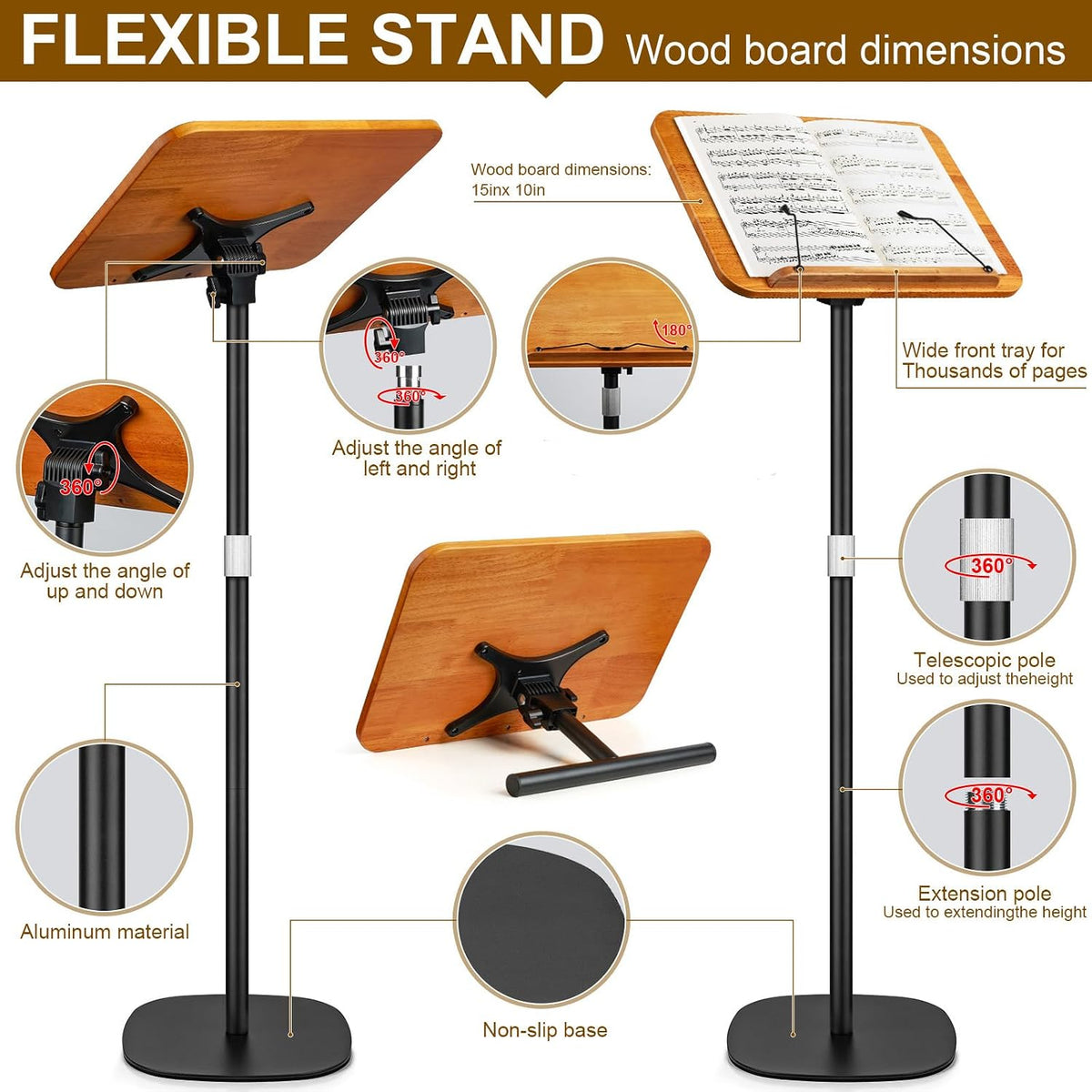 2 in 1 Dual-use Music Stand & Desktop Book Stand, Adjustable Height 16.5&...