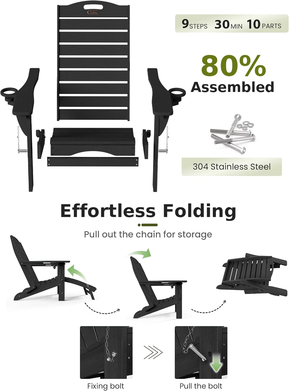 Ciokea HDPE Folding Adirondack Chair with Footrest,Black,1