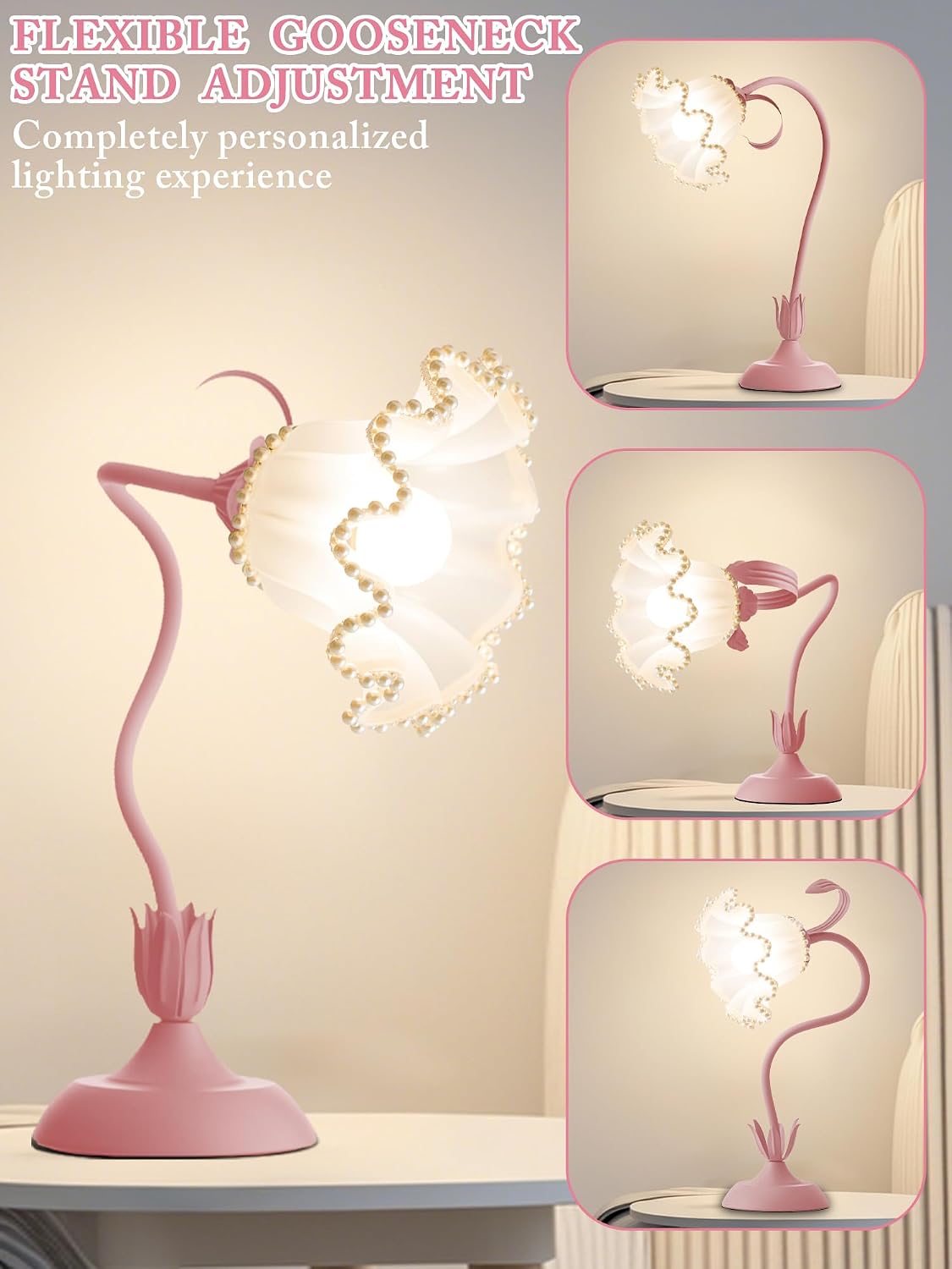 Flower Table Lamp LED Reading Light Vintage Night light (Pink Pearls)