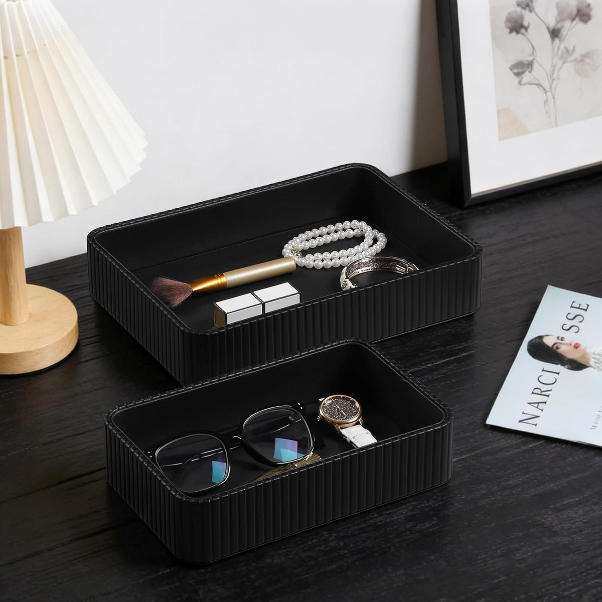 Desk Organizer Tray, PU Leather Nightstand Organizer, Black 2-Pack