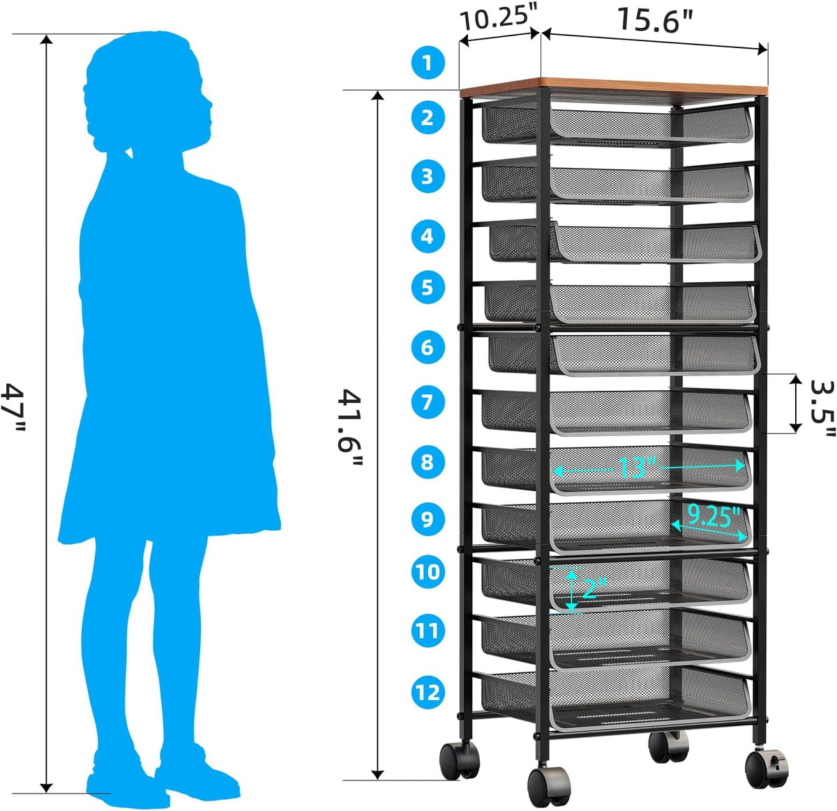 Simple Trending 12-Tier Rolling File Cart, Desk File Organizer with 11 Mesh S...