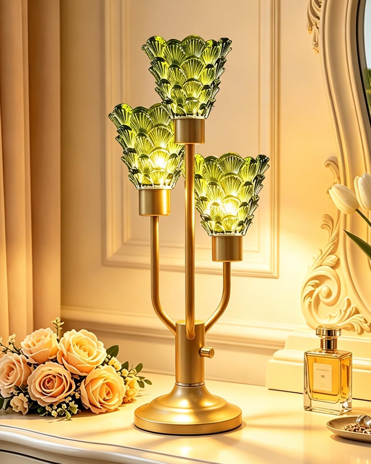 Green Glass Mid Century Modern Table Lamp Dimmable 3 Bulbs Included