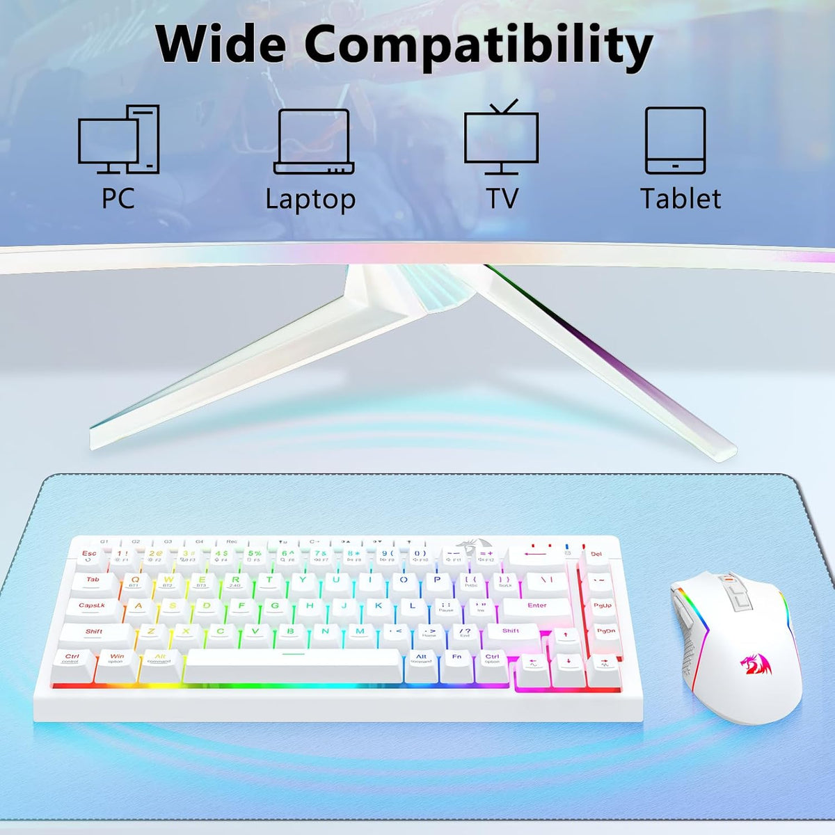 Redragon Wireless Gaming Keyboard and Mouse Combo 60% Portable, White