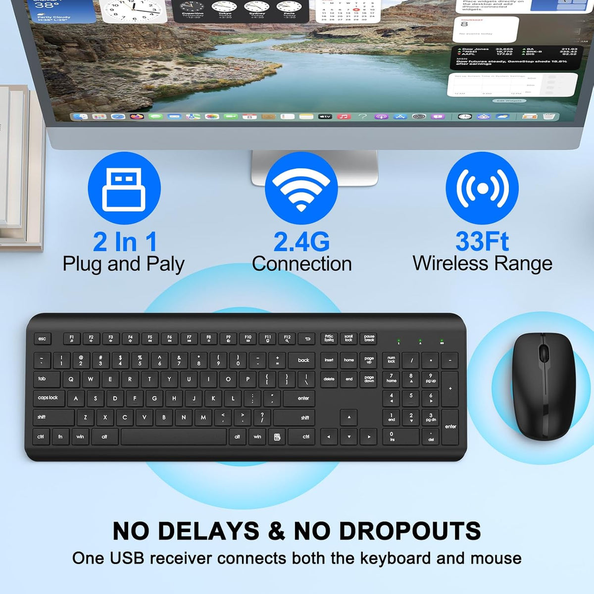 Wireless Keyboard and Mouse Combo, Full-Size Silent Ergonomic Keyboard and Op...