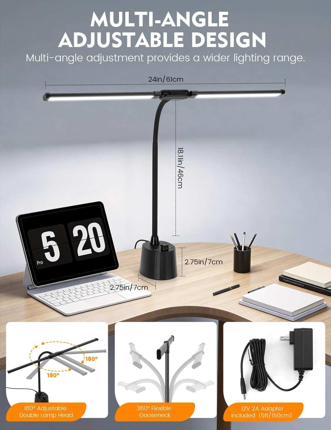 Desk Lamp with USB Charging Ports, Dual Head Adjustable 5 Color Dimmable