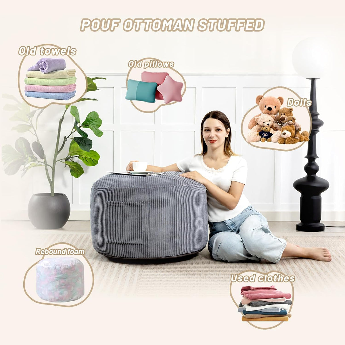 Round Stuffed Pouf Ottoman (Gray, 26" D x 26" W x 18" H)