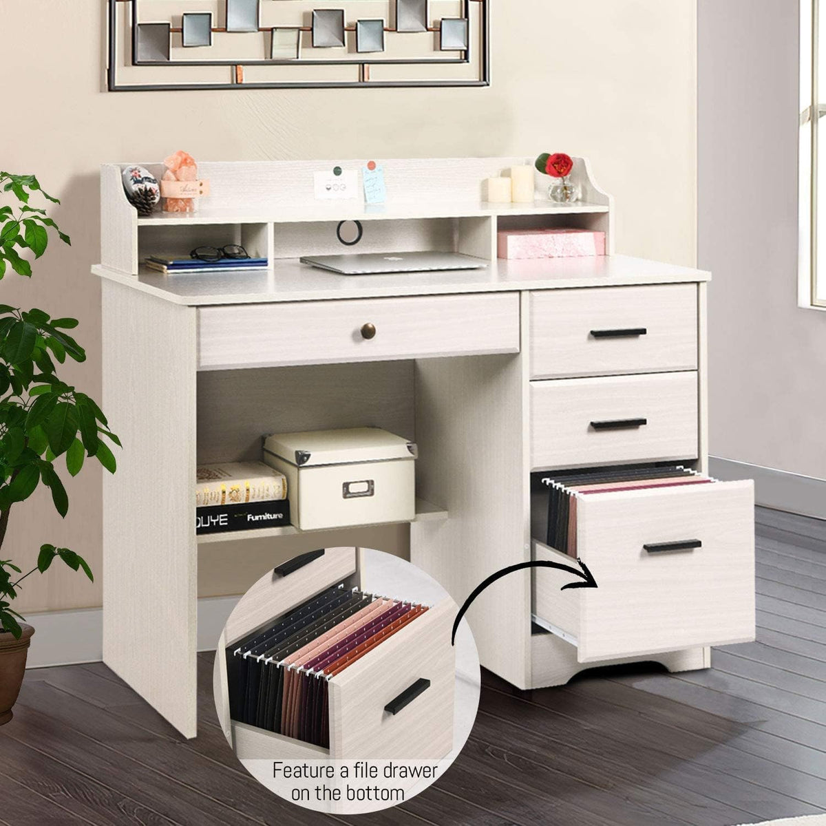 White Home Office Desk with 4 Drawers & Hutch, Computer Table for Bedroom...