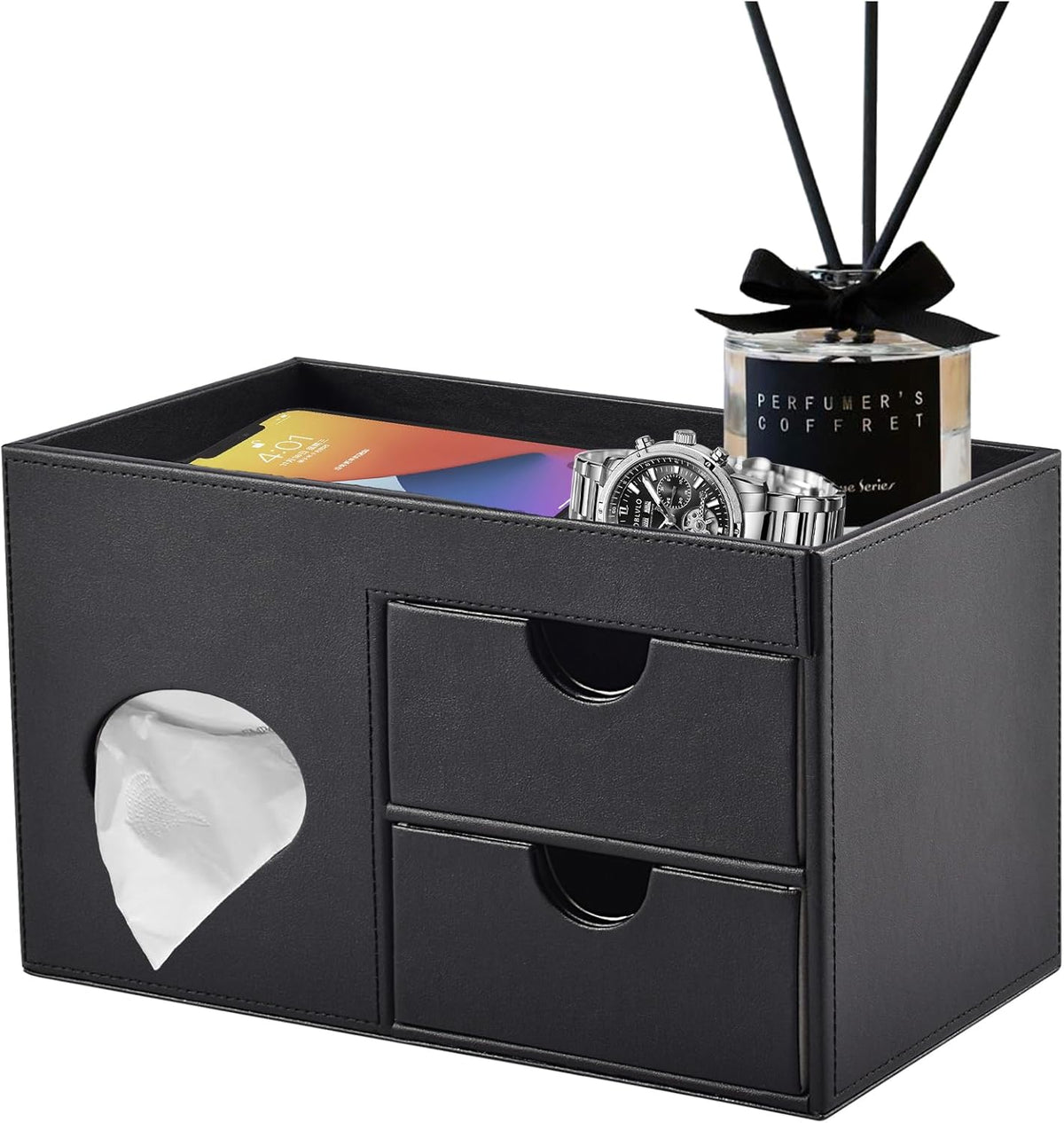 Square Tissue Box Cover with Drawers,Tissue Box Holder with Storage Tray, Mak...