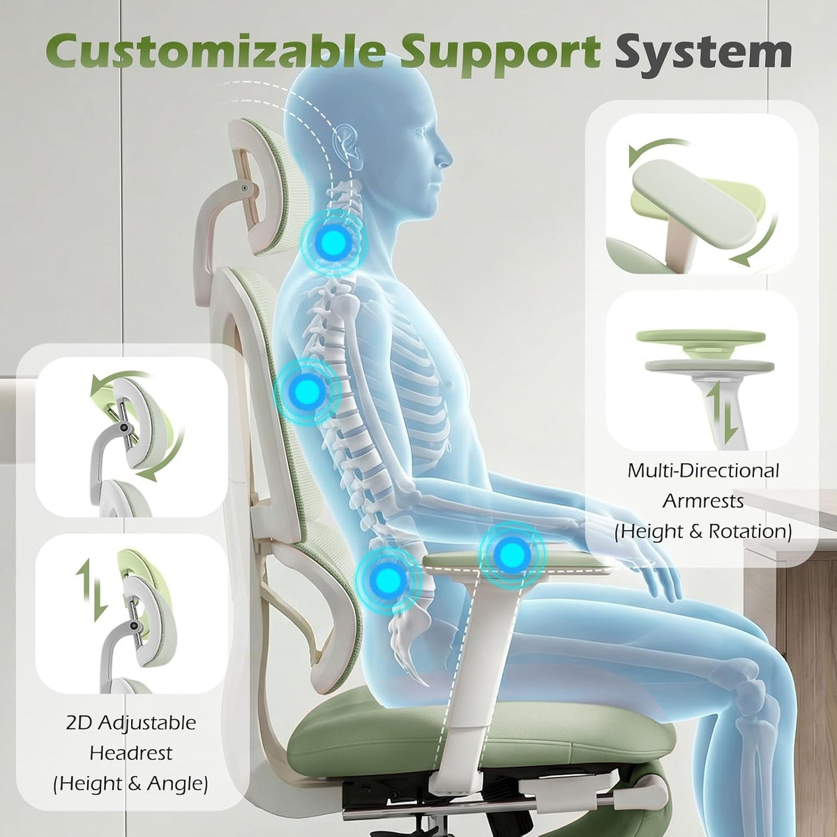 Ergonomic Office Chair with Footrest and Dynamic Lumbar Support, Green