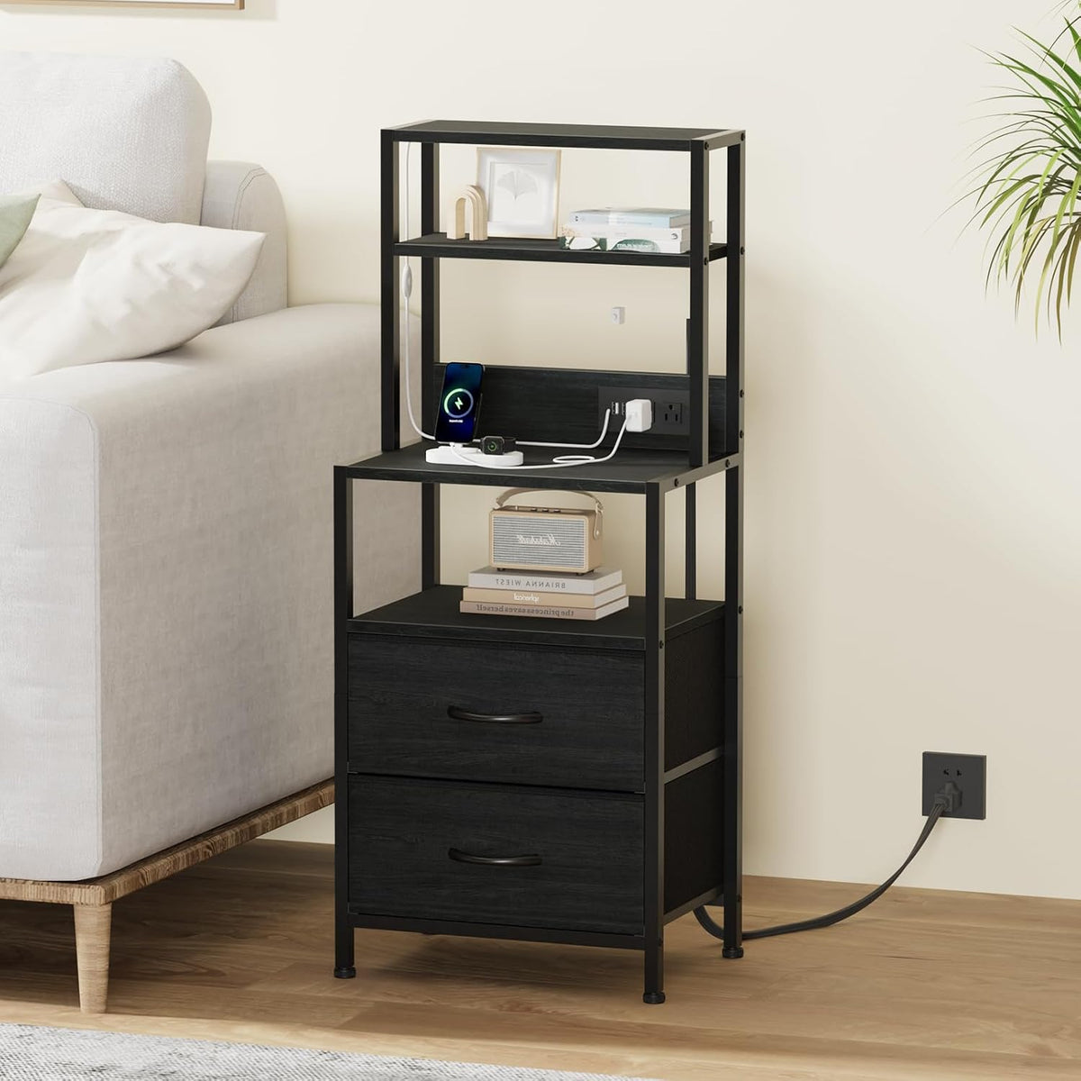 Furnulem Night Stand, Tall Nightstand with 4-Tier Shelves, 2 Fabric Drawers
