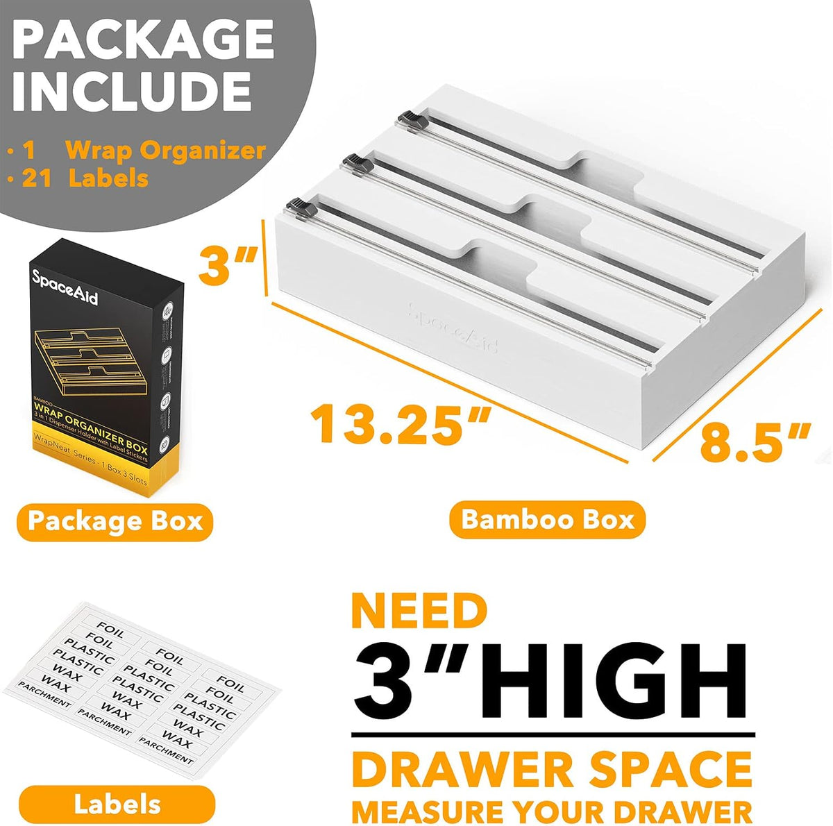 SpaceAid WrapNeat 3 in 1 Wrap Organizer with Cutter and Labels, Plastic Wrap,...