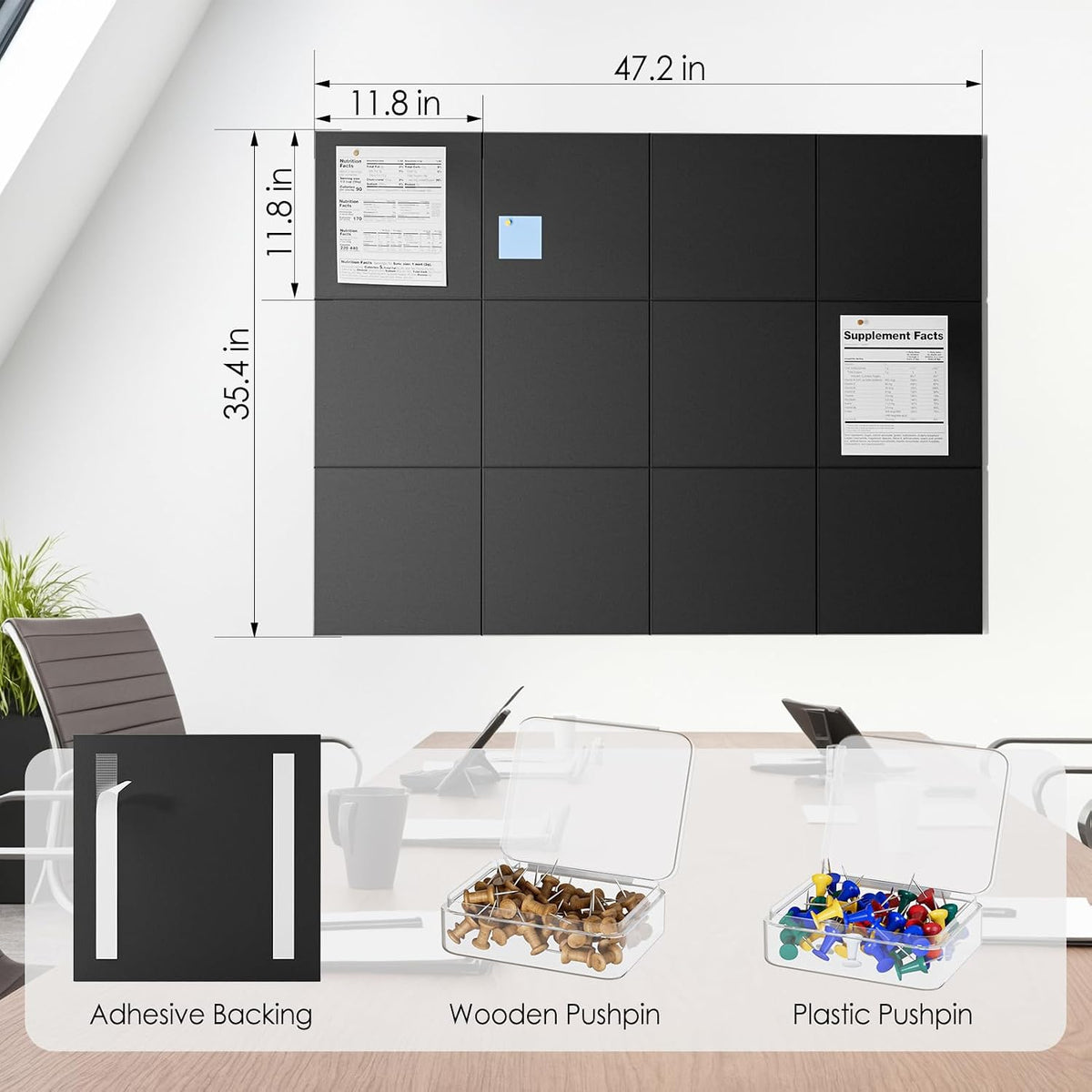 MaxGear Felt Bulletin Board 48" x 36", Black Felt Wall Tiles Wall D...