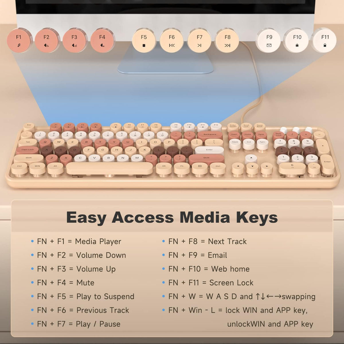 KNOWSQT Wired Computer Keyboard - Milk Tea Colorful Retro Full Size Round Key...
