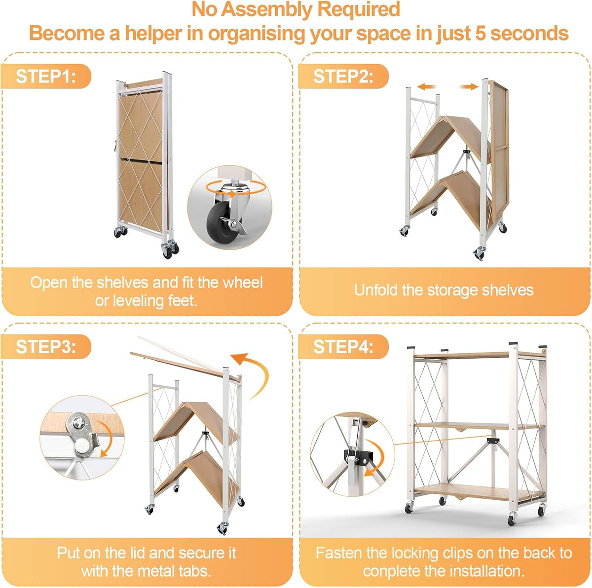 3 Tier Folding Shelf with Wheels, Metal Steel Collapsible Shelves
