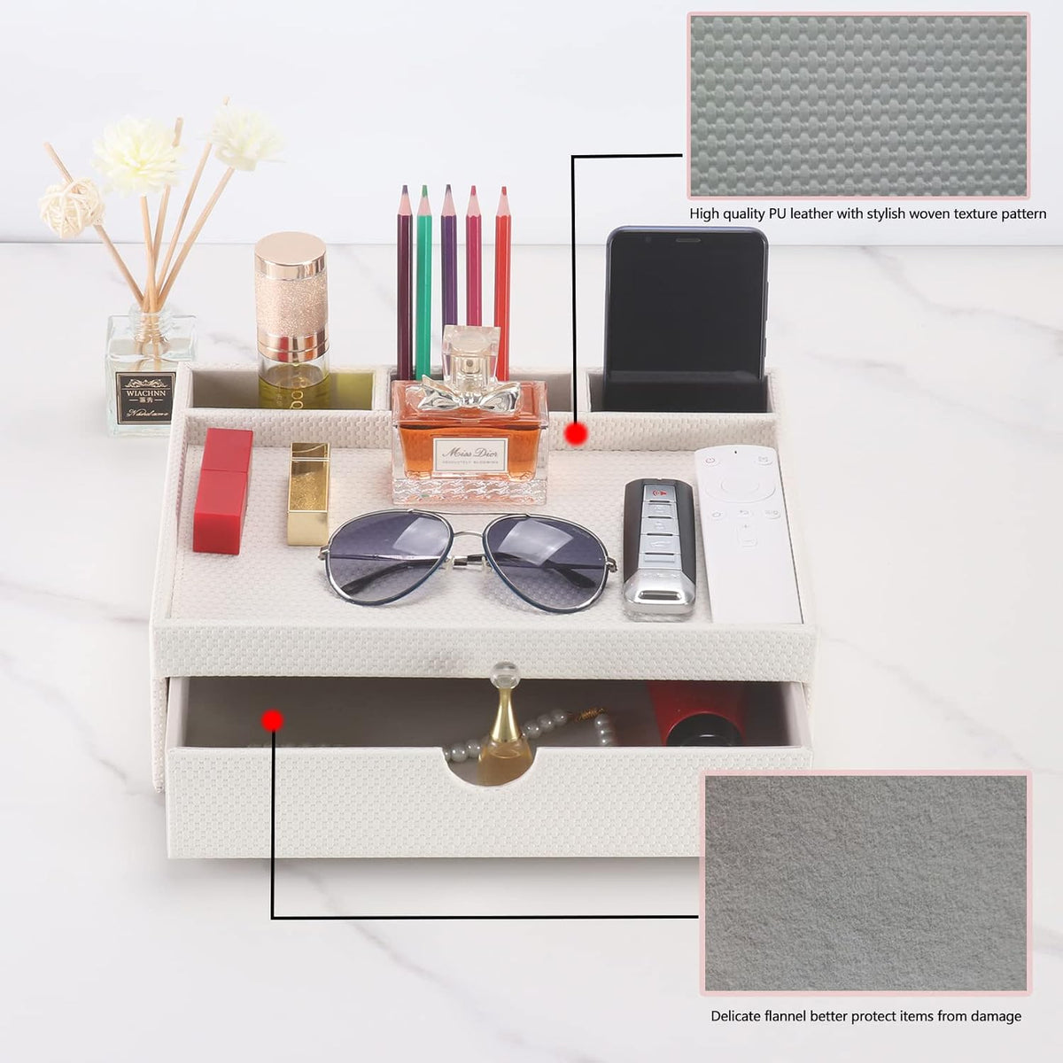 Leather Desk Organizer With Drawers, Home Cosmetics & Phone Remote Organi...