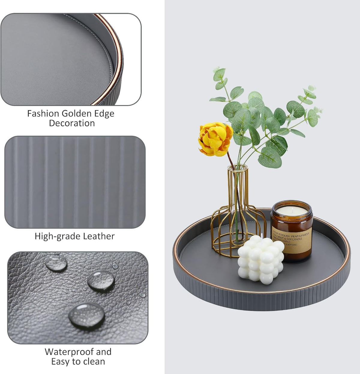 KINGFOM Round Decorative Tray, PU Leather Vanity Tray Organizer with Gold Tri...