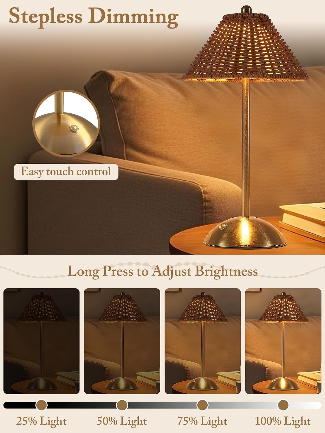 2 Pack Boho Woven Table Lamp, LED Rechargeable Night Light (Orange Brown)
