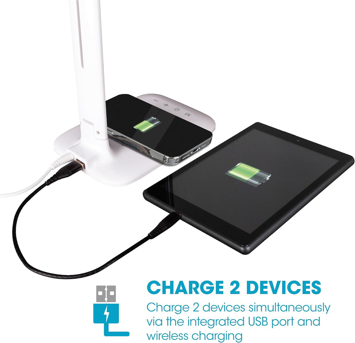 OttLite Charge Up LED Task Lamp with USB and Wireless Charging, White
