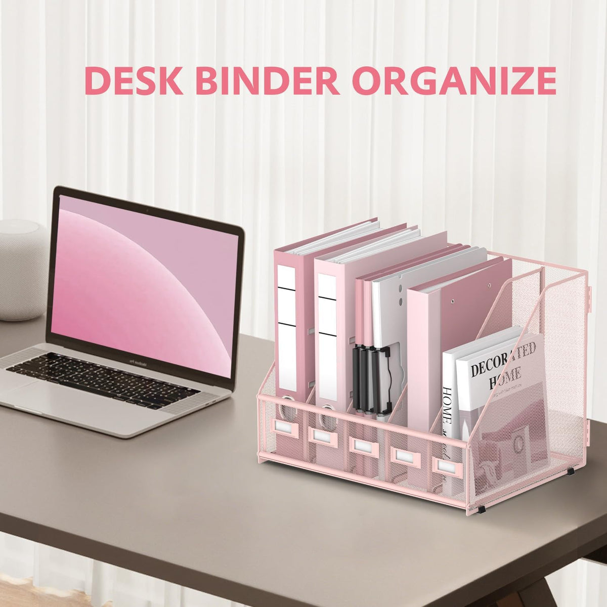 5 Vertical Compartments Magazine File Holder, Metal Binder Organizer, Pink