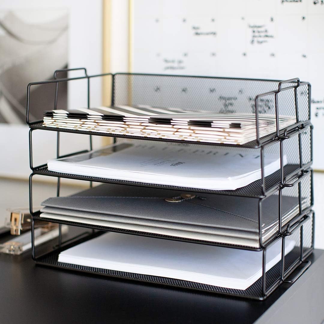 BLU MONACO 4-Tier Stackable Paper Tray for Desk Organization | Black Metal Me...