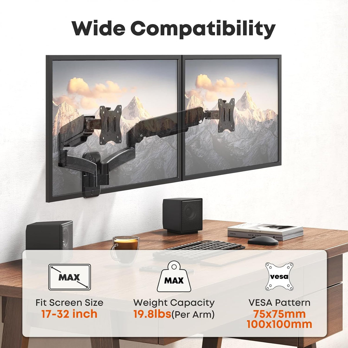 Dual Monitor Wall Mount for 17-32 inch Flat/Curved Computer Screens