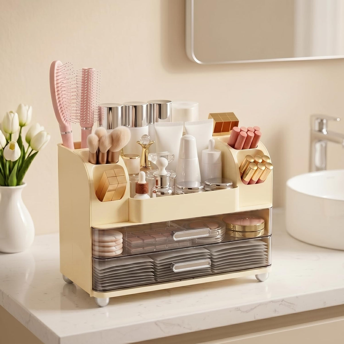 Makeup Organizer for Vanity with 2 Large Drawers and 6 Brush Holders, Cream