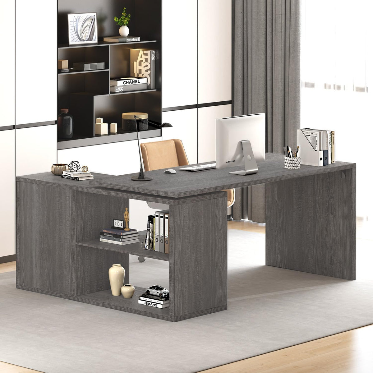 HSH L Shaped Computer Desk, Rustic Wood Corner Desk, Dark Gray Oak, 55 inch