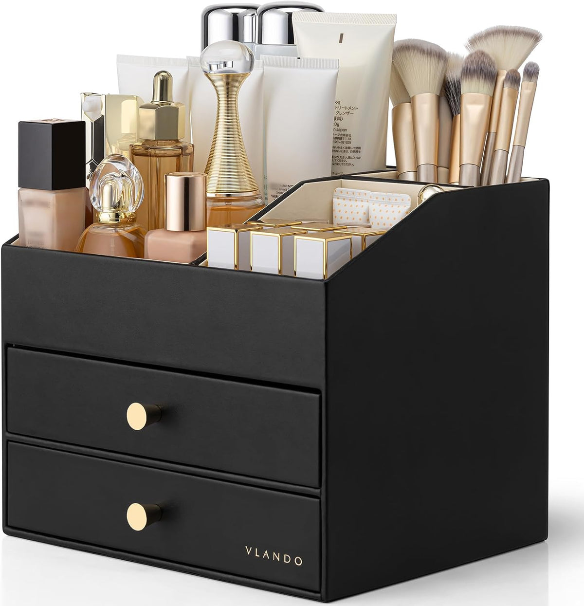 VLANDO 3-Layer Makeup Organizer with 2 Large Drawers for Vanity,Black