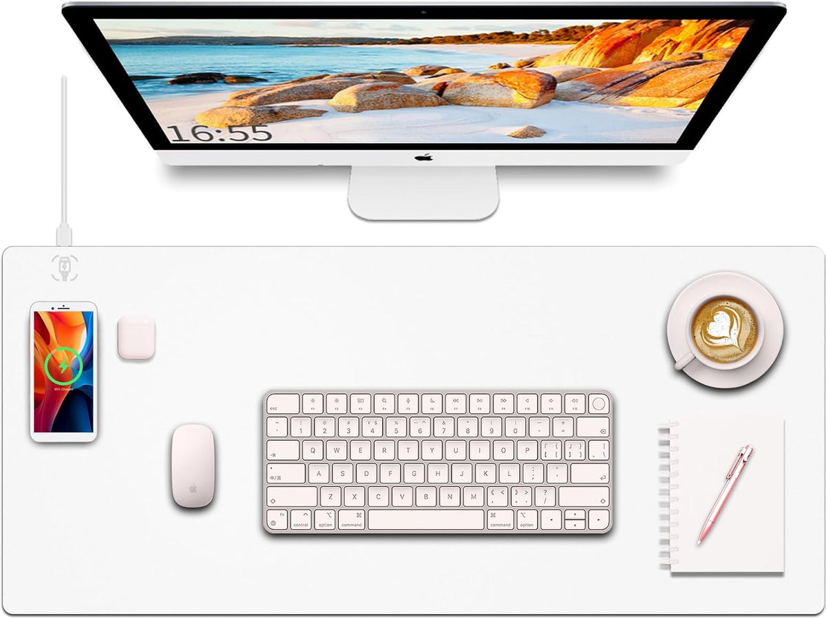 Desk Mat with Wireless Charging, White Mouse Pad with Wireless Charger, Desk ...