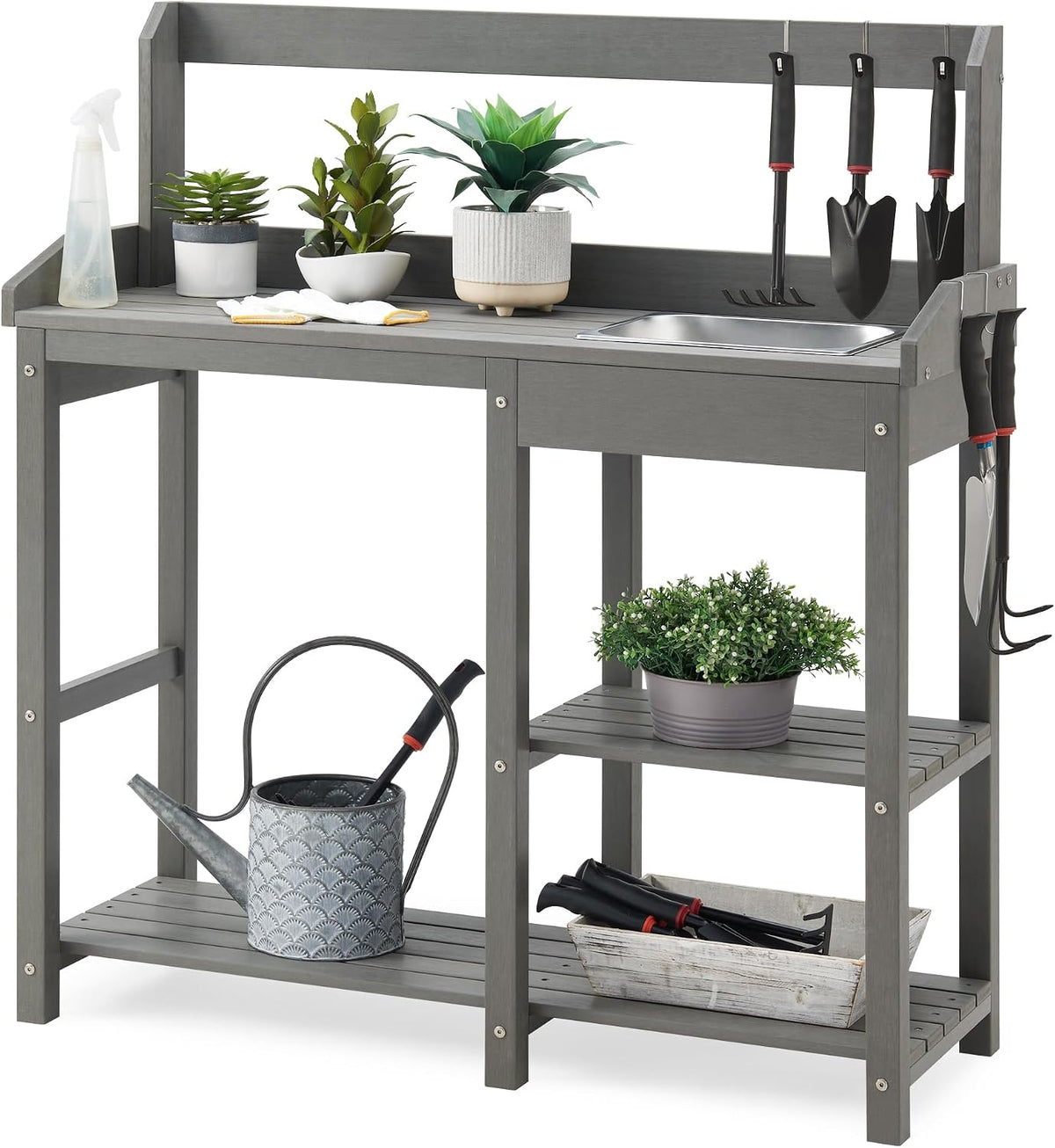 Psilvam Outdoor Potting Bench Table with Sink for Outside Garden, Gray