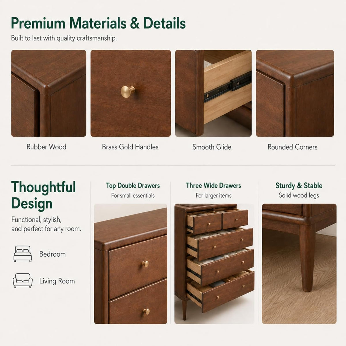 100% Solid Wood Nightstand with 5 Drawer, 5 Drawer Side Table for Bedroom, Wo...