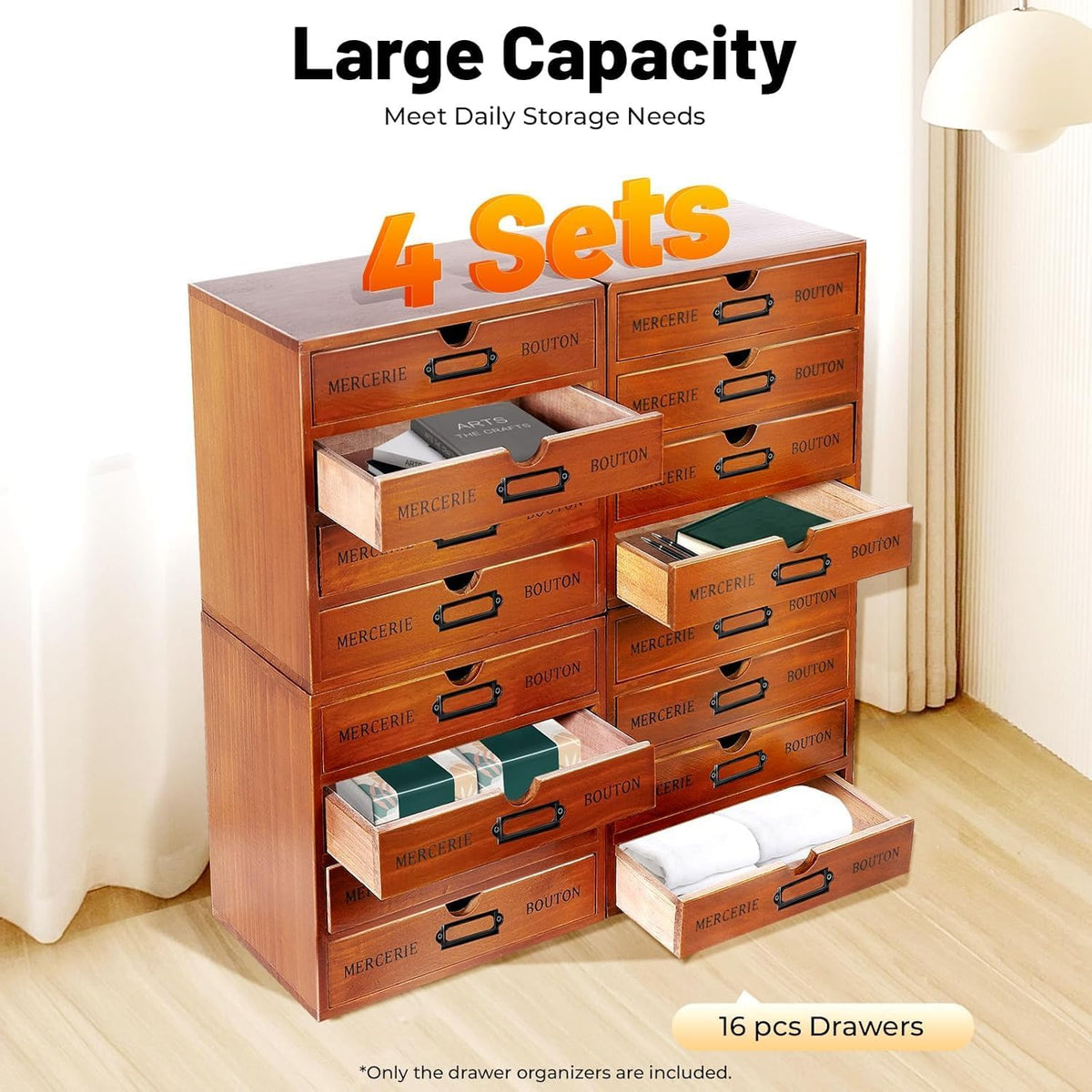 Vintage Wooden Drawer Organizer with 16 Drawers, 4-Tier Stackable Desktop Sto...